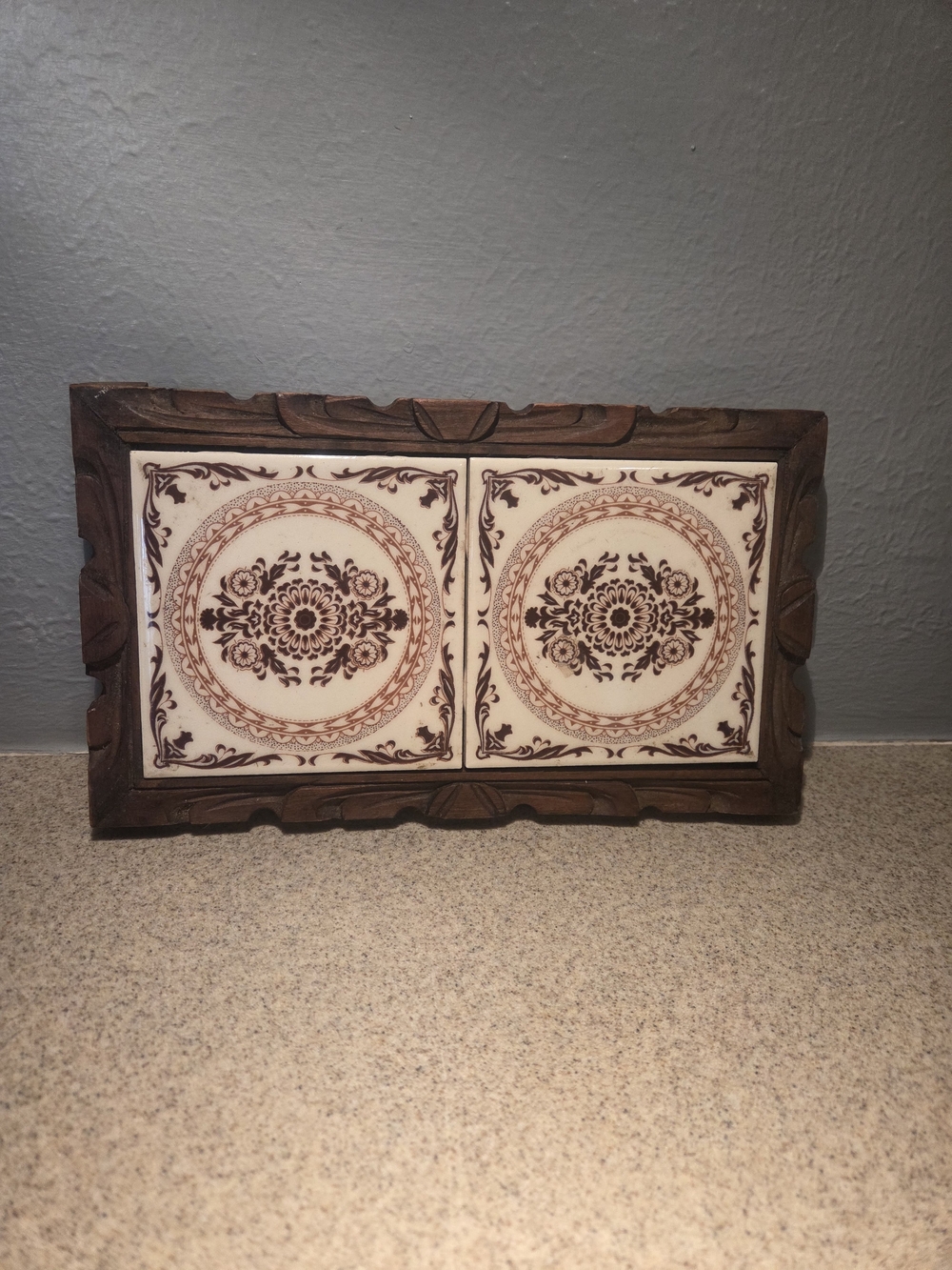 Vintage Double-Tile Wooden Trivet Hand-Painted Ceramic Tiles Brown Floral.